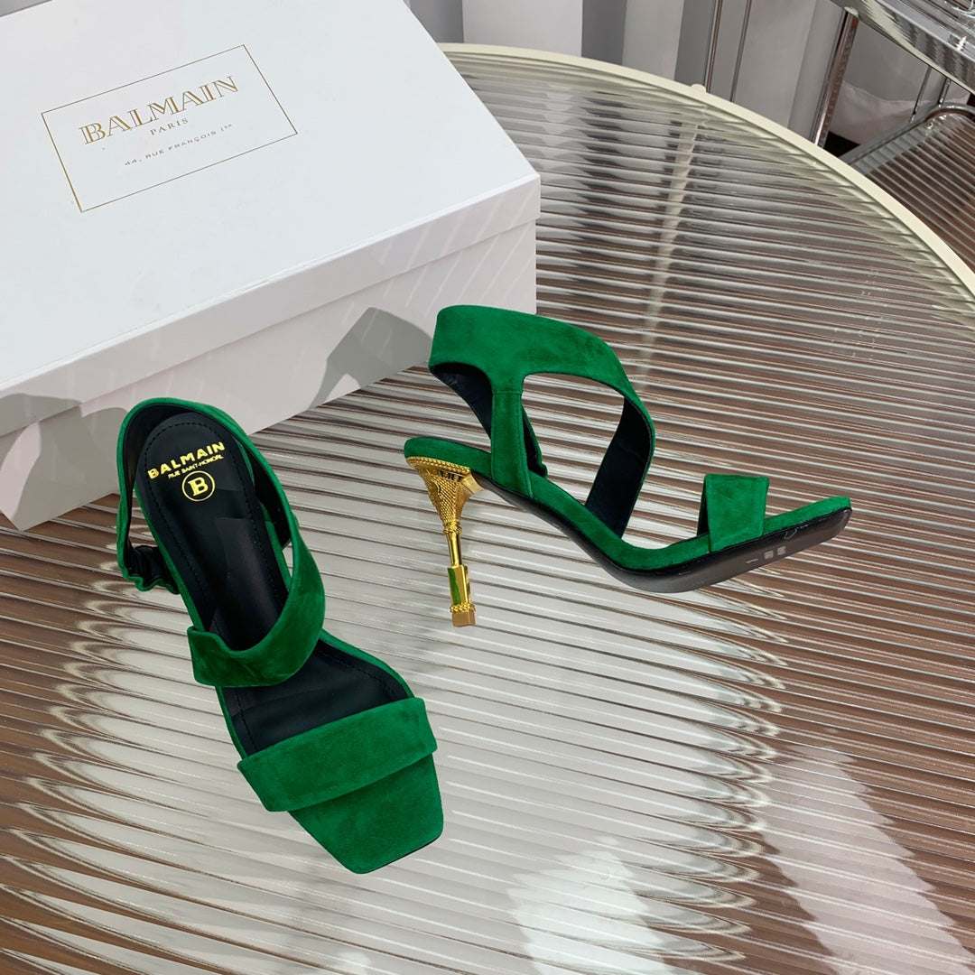 BALMAIN 25S HIGH HEEL SANDALS 95MM IN DARK GREEN SUEDE - 35
