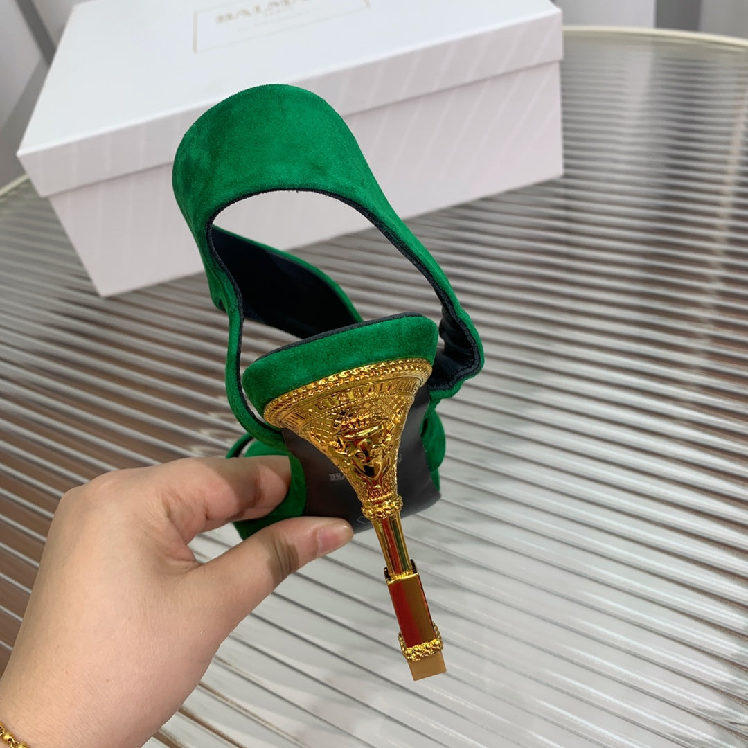 BALMAIN 25S HIGH HEEL SANDALS 95MM IN DARK GREEN SUEDE - 35