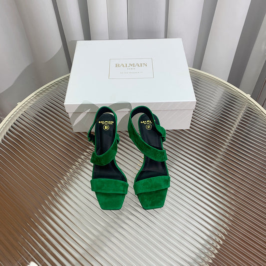 BALMAIN 25S HIGH HEEL SANDALS 95MM IN DARK GREEN SUEDE - 35