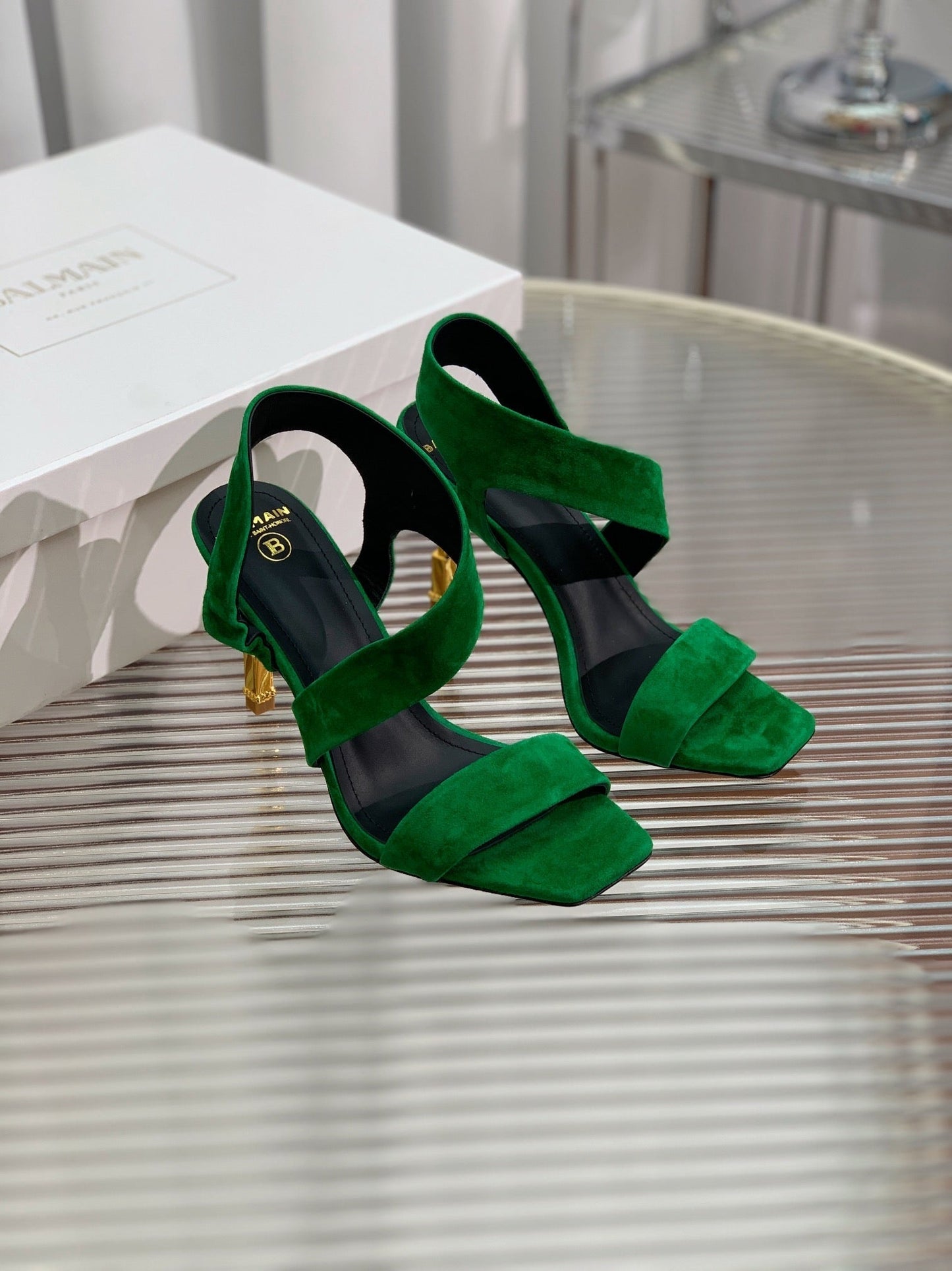 BALMAIN 25S HIGH HEEL SANDALS 95MM IN DARK GREEN SUEDE - 35