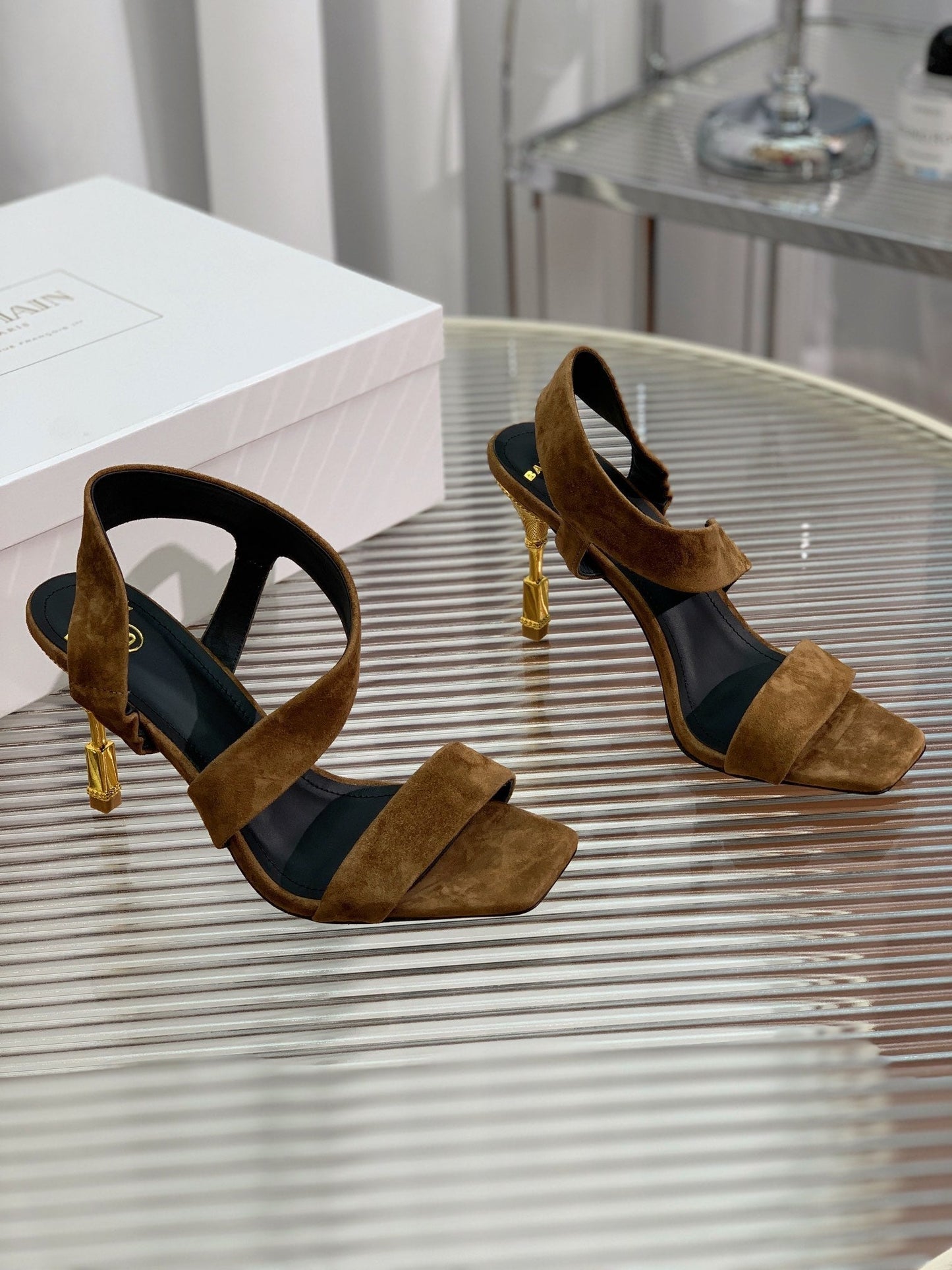 BALMAIN 25S HIGH HEEL SANDALS 95MM IN BROWN SUEDE - 35