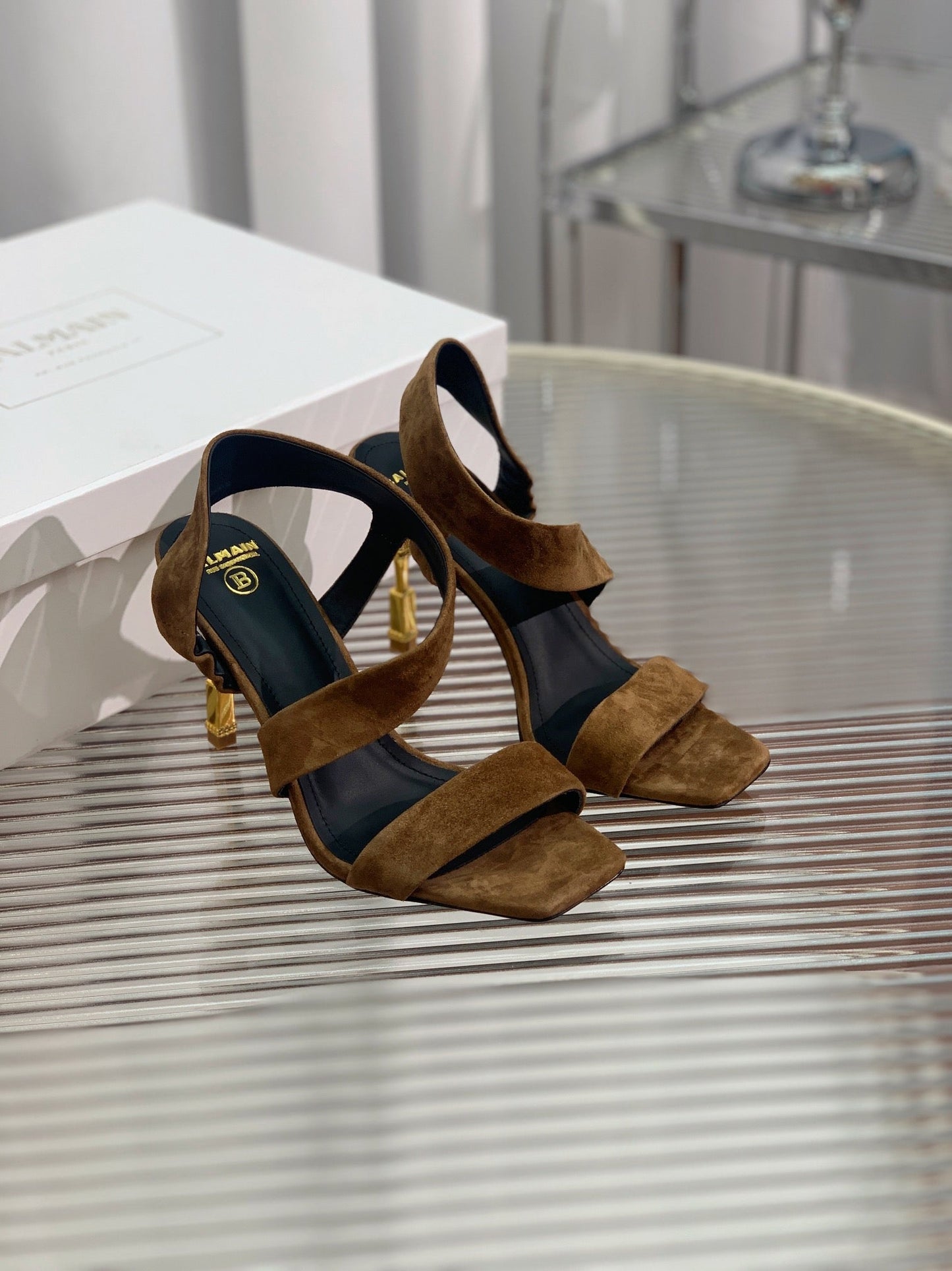 BALMAIN 25S HIGH HEEL SANDALS 95MM IN BROWN SUEDE - 35
