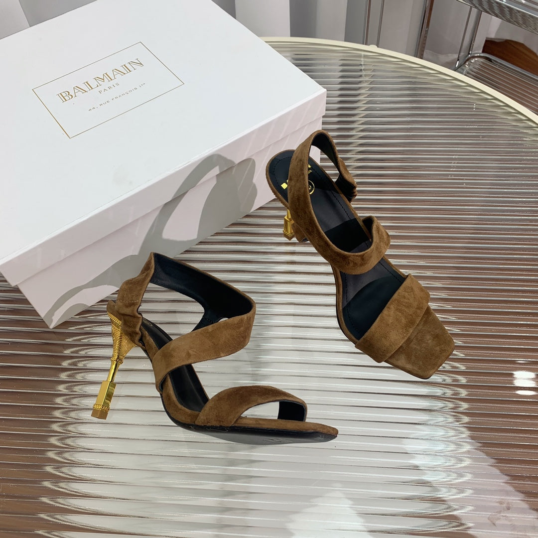 BALMAIN 25S HIGH HEEL SANDALS 95MM IN BROWN SUEDE - 35