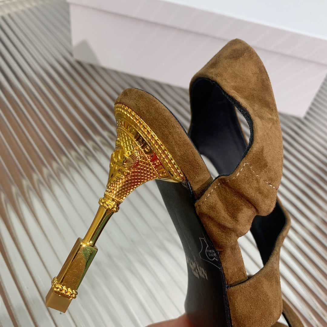 BALMAIN 25S HIGH HEEL SANDALS 95MM IN BROWN SUEDE - 35
