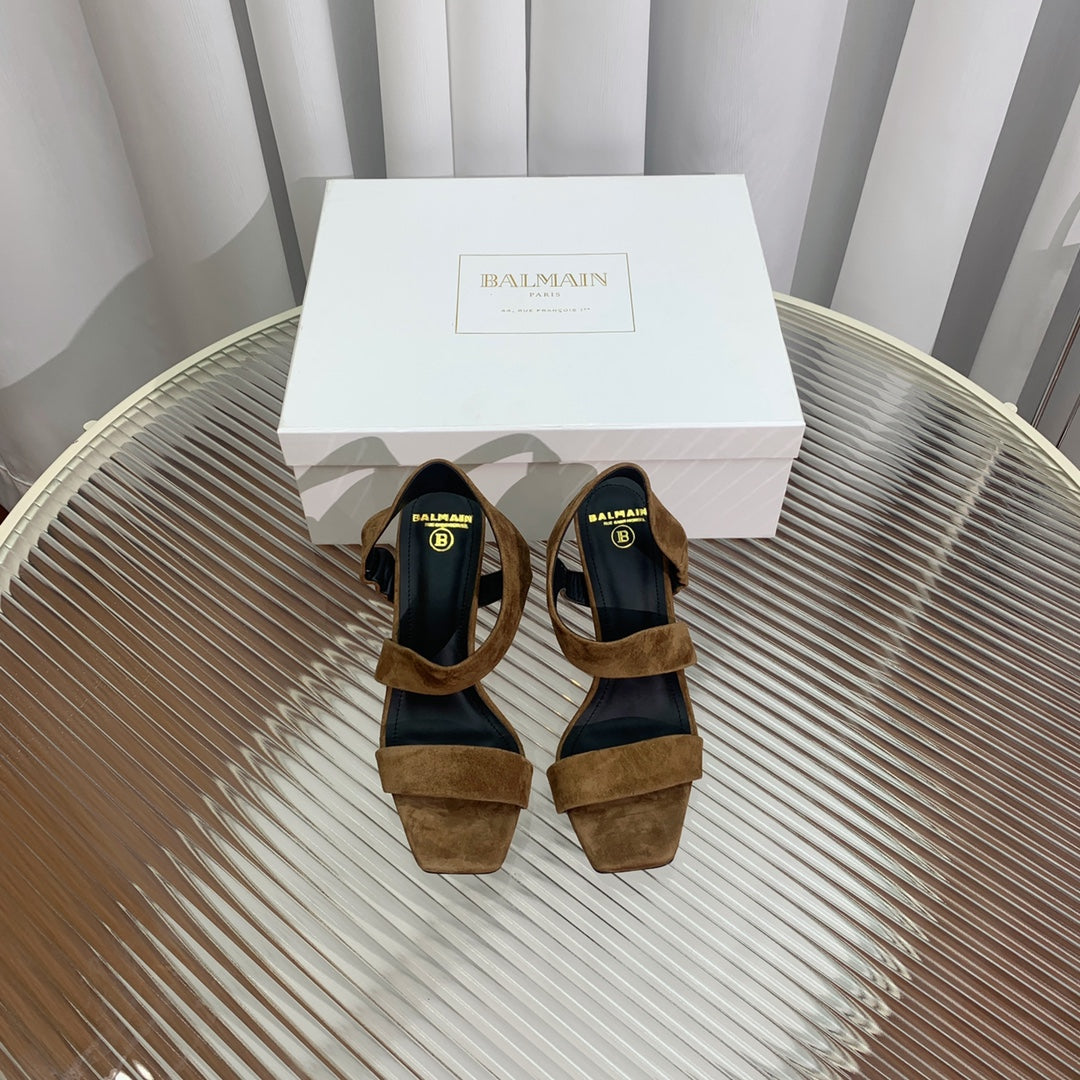 BALMAIN 25S HIGH HEEL SANDALS 95MM IN BROWN SUEDE - 35