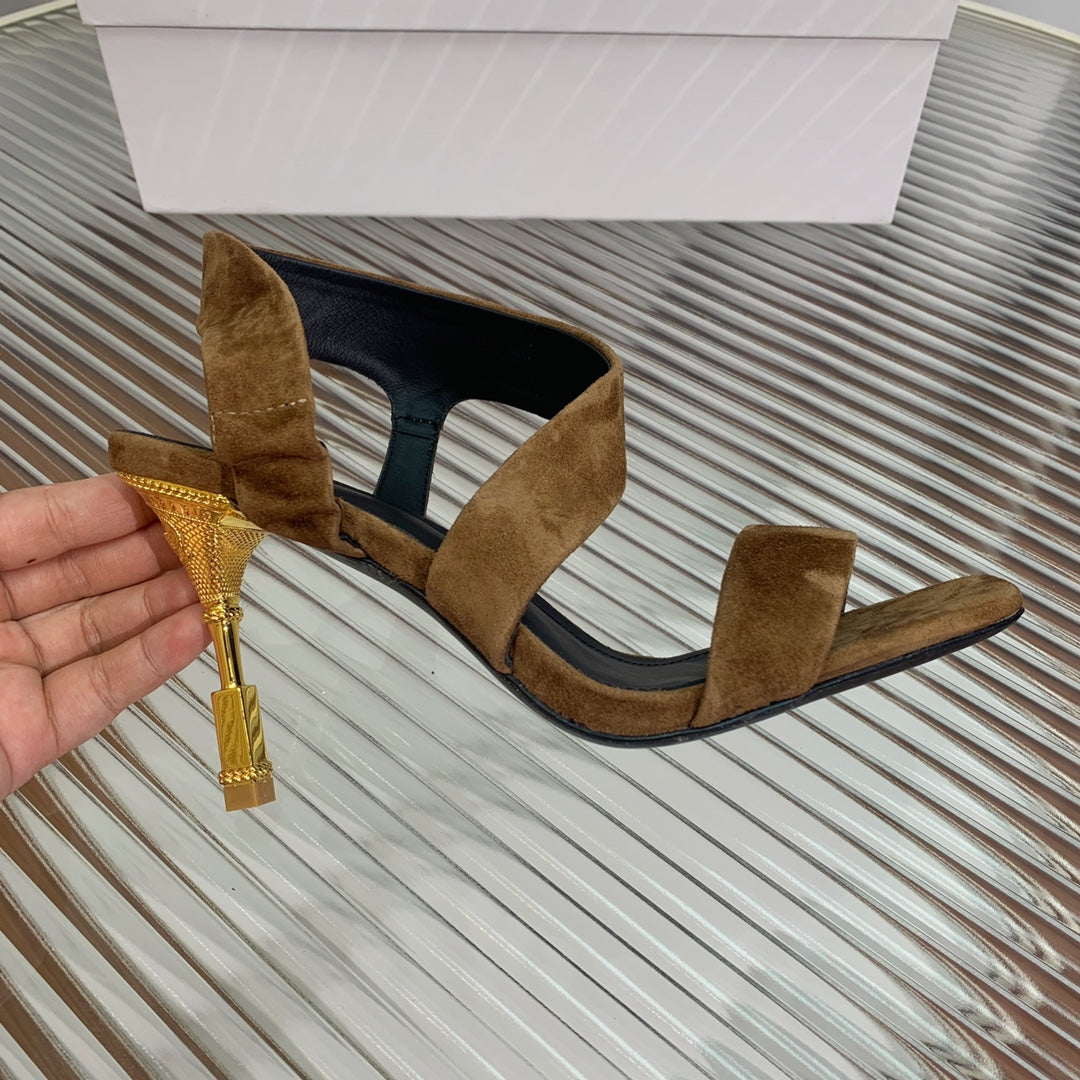 BALMAIN 25S HIGH HEEL SANDALS 95MM IN BROWN SUEDE - 35