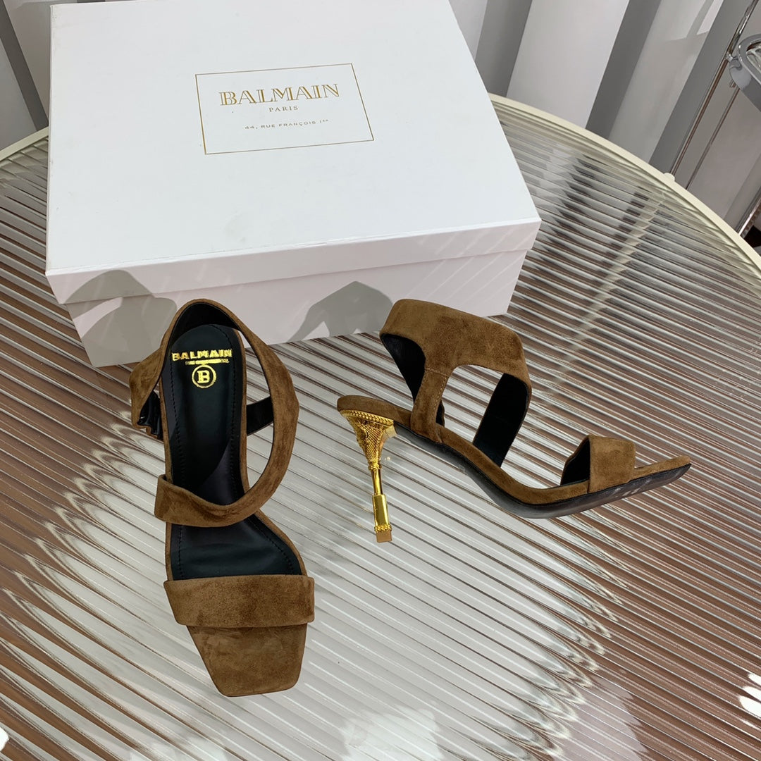 BALMAIN 25S HIGH HEEL SANDALS 95MM IN BROWN SUEDE - 35