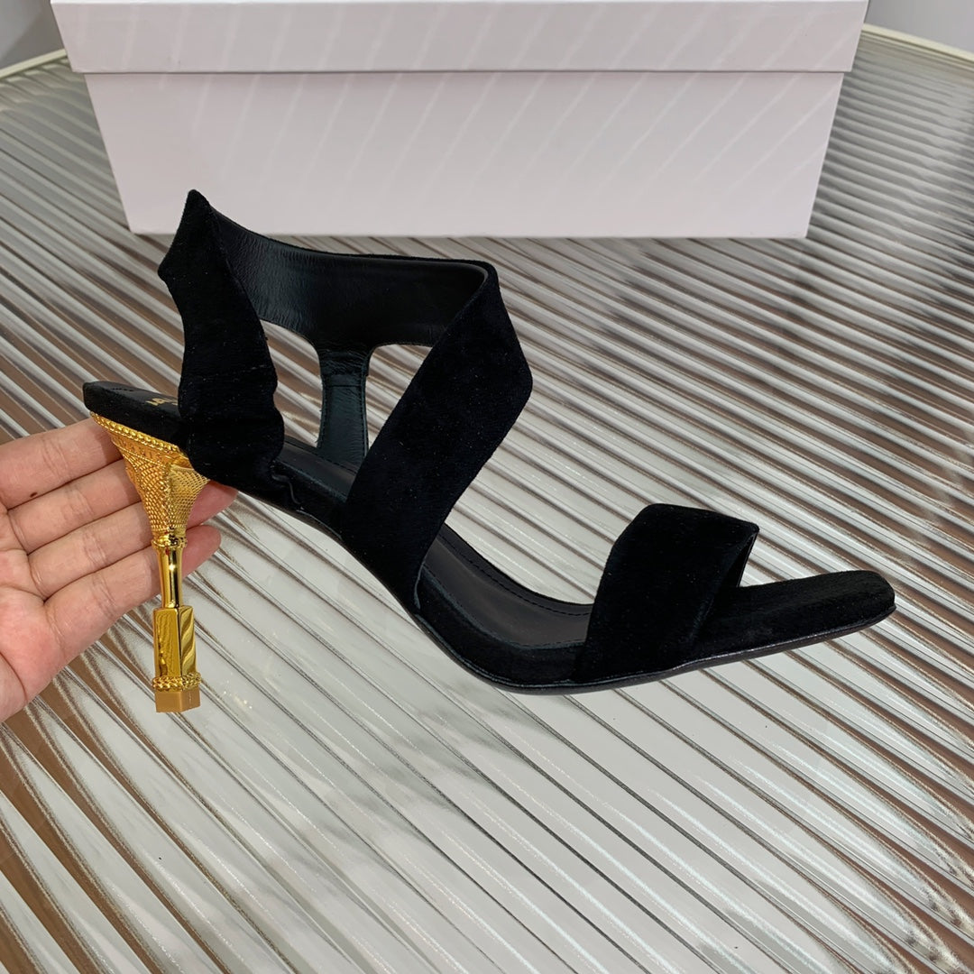 BALMAIN 25S HIGH HEEL SANDALS 95MM IN BLACK SUEDE - 35