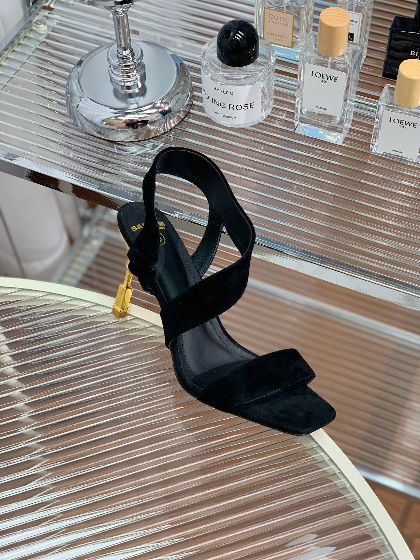 BALMAIN 25S HIGH HEEL SANDALS 95MM IN BLACK SUEDE - 35