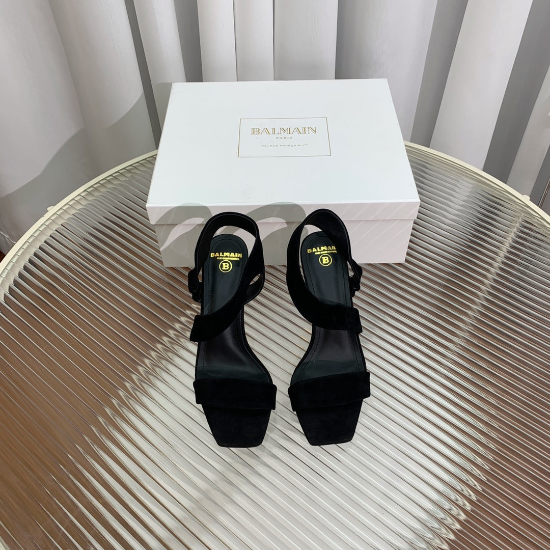 BALMAIN 25S HIGH HEEL SANDALS 95MM IN BLACK SUEDE - 35