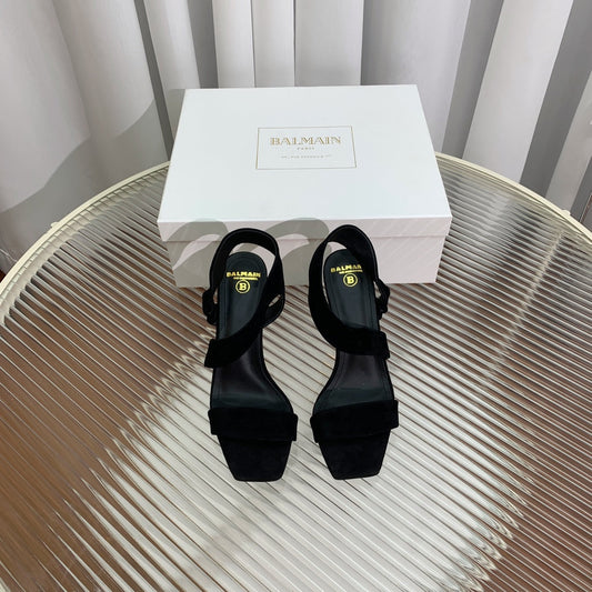 BALMAIN 25S HIGH HEEL SANDALS 95MM IN BLACK SUEDE - 35