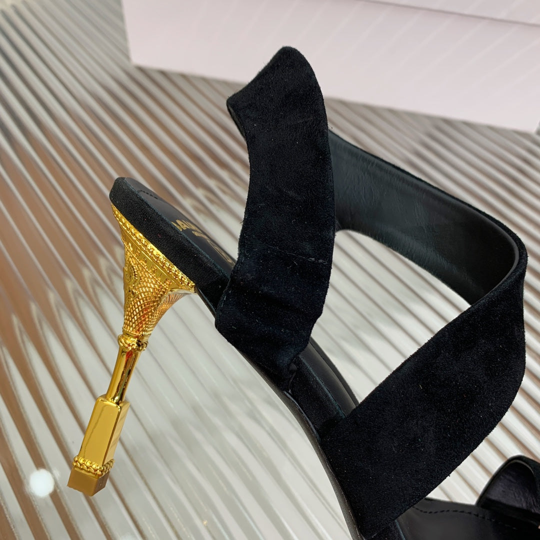 BALMAIN 25S HIGH HEEL SANDALS 95MM IN BLACK SUEDE - 35