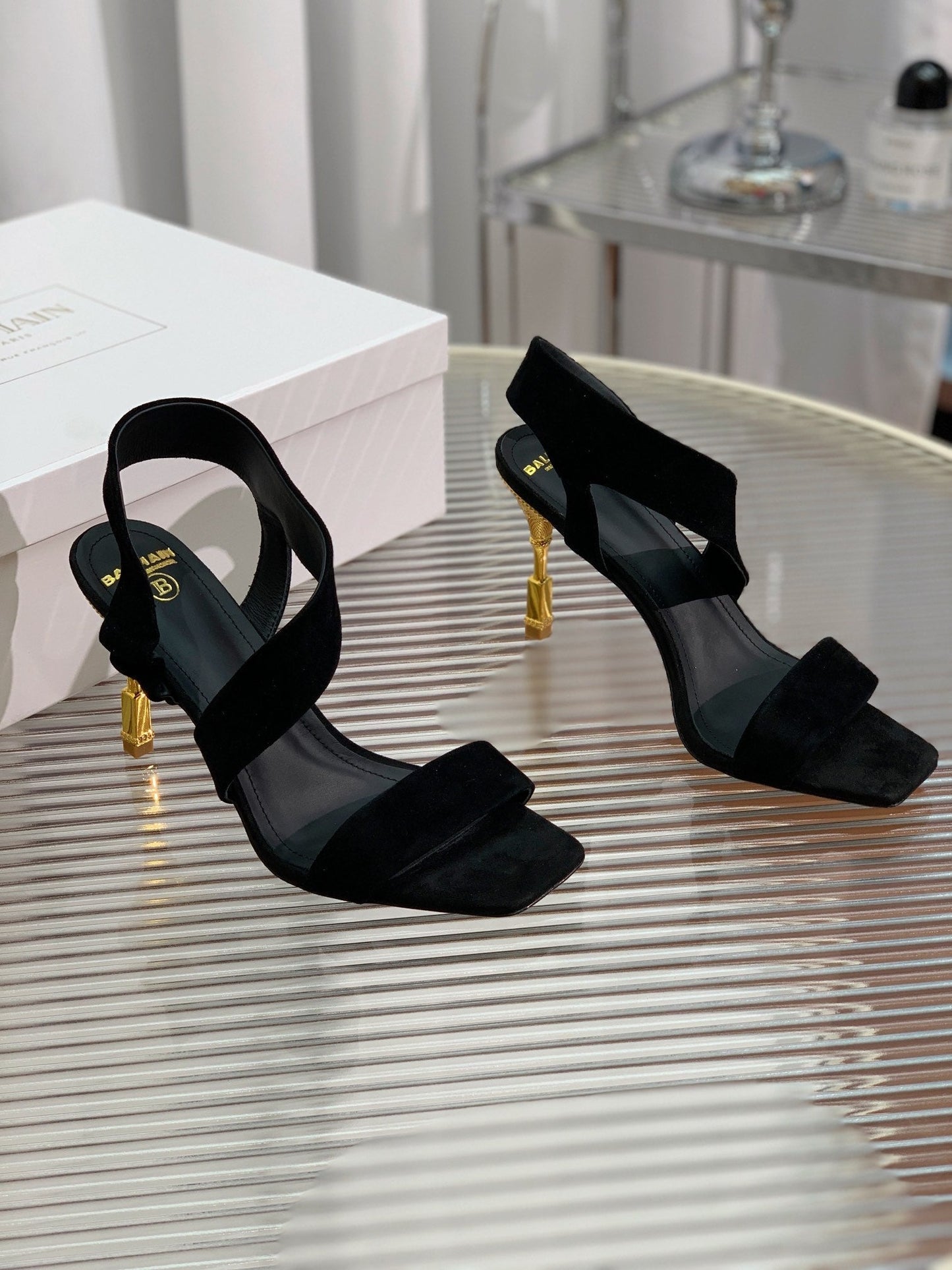 BALMAIN 25S HIGH HEEL SANDALS 95MM IN BLACK SUEDE - 35