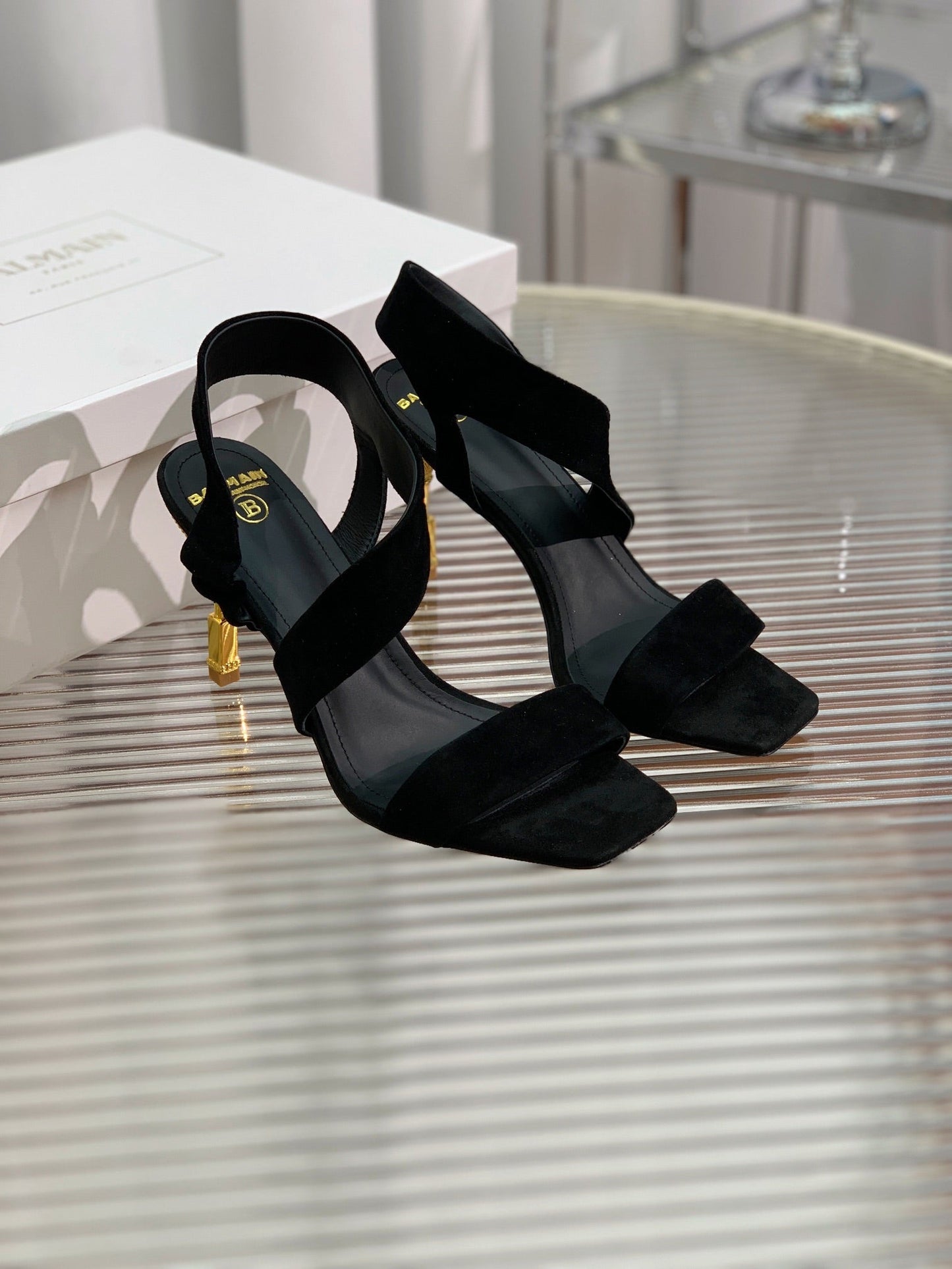 BALMAIN 25S HIGH HEEL SANDALS 95MM IN BLACK SUEDE - 35