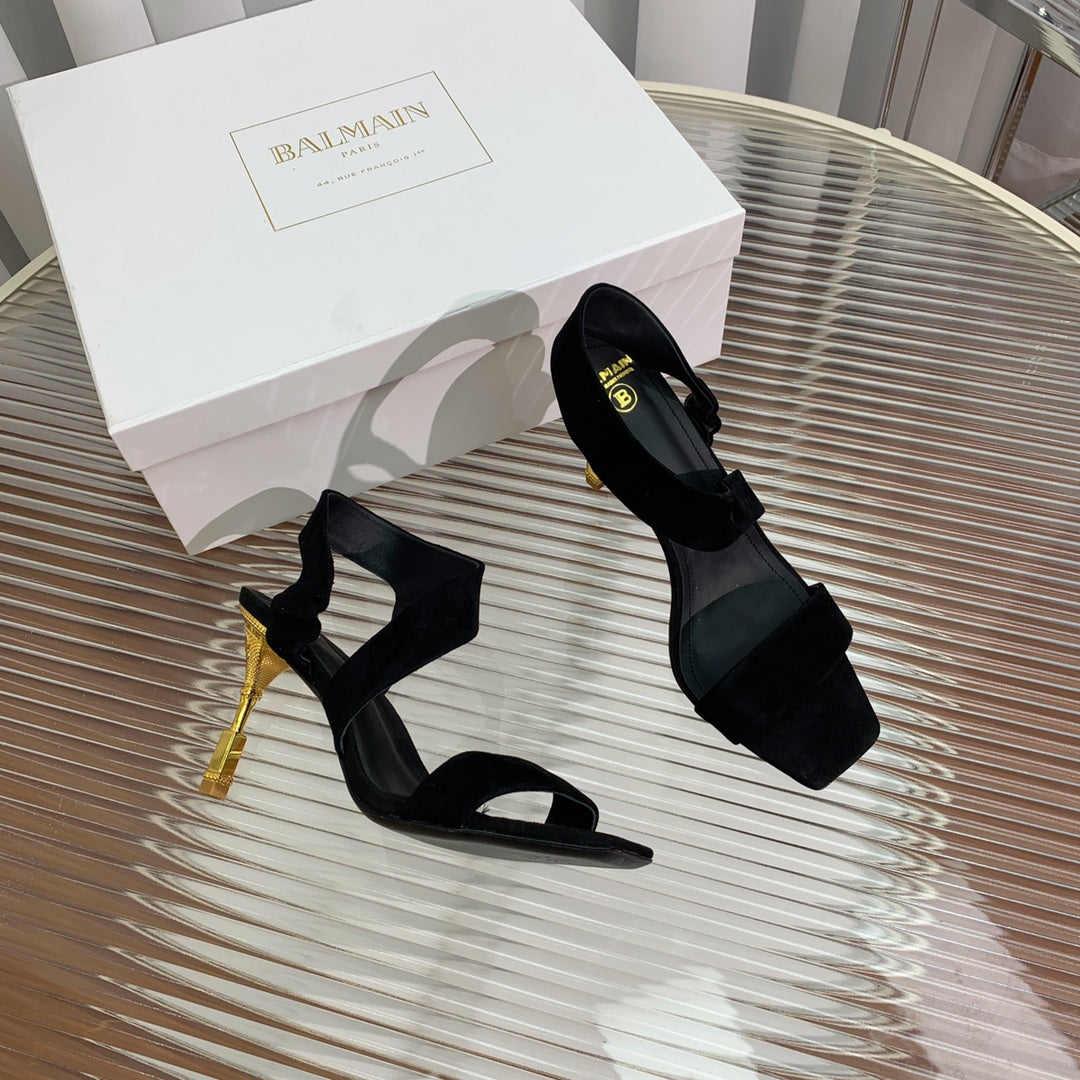 BALMAIN 25S HIGH HEEL SANDALS 95MM IN BLACK SUEDE - 35
