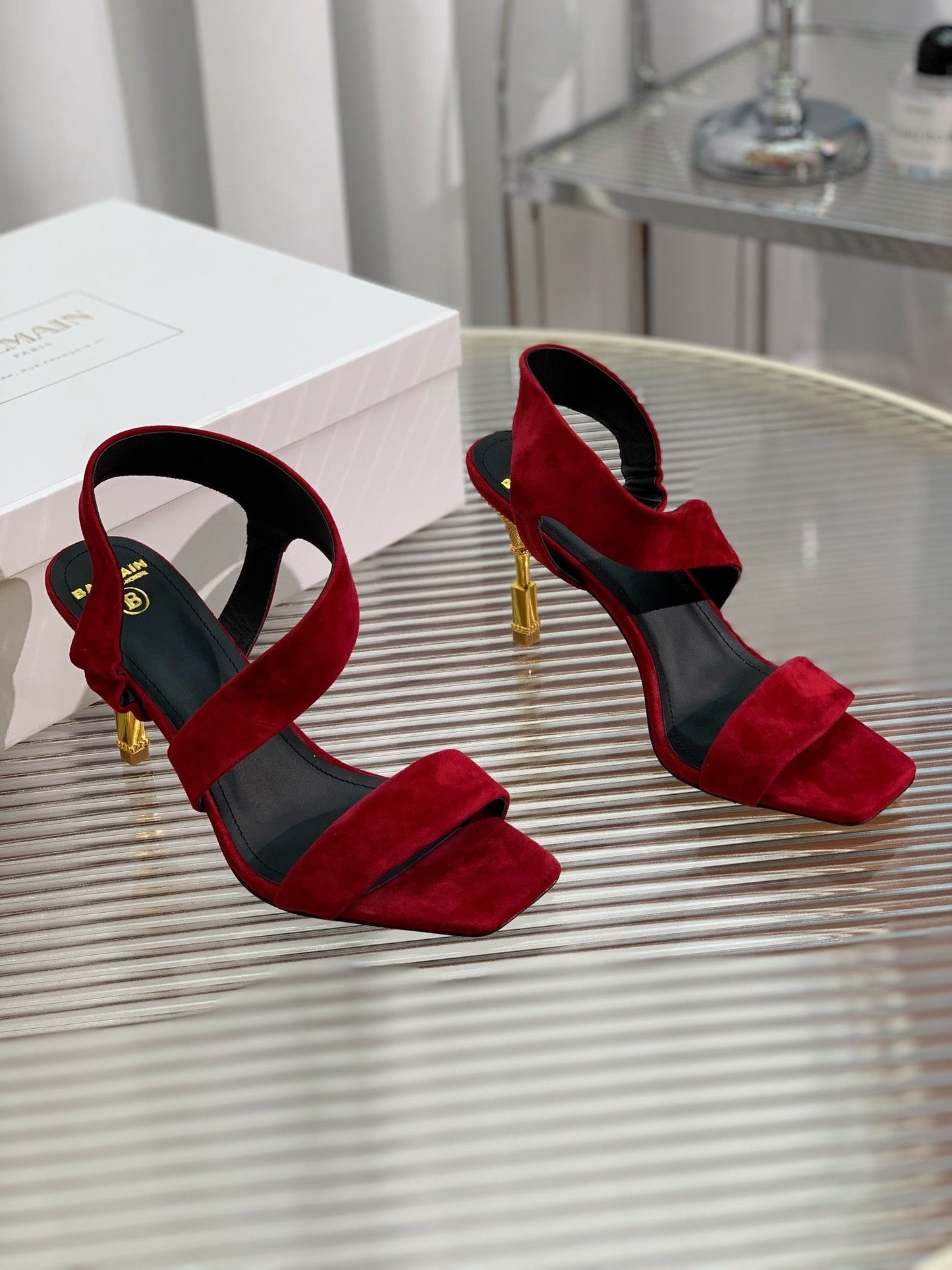 BALMAIN 25S HIGH HEEL SANDALS 95MM IN DARK CRIMSON SUEDE - 35