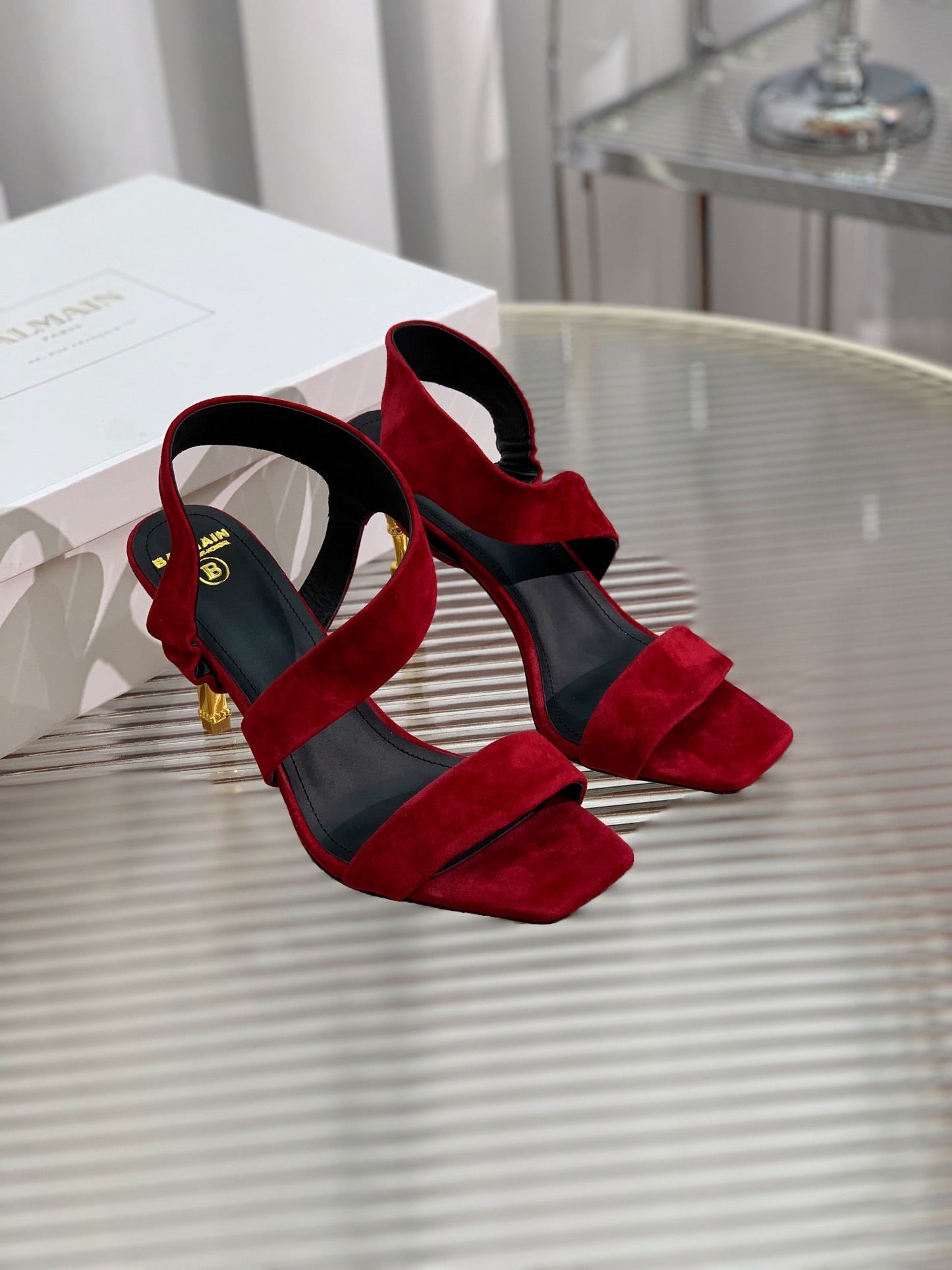 BALMAIN 25S HIGH HEEL SANDALS 95MM IN DARK CRIMSON SUEDE - 35
