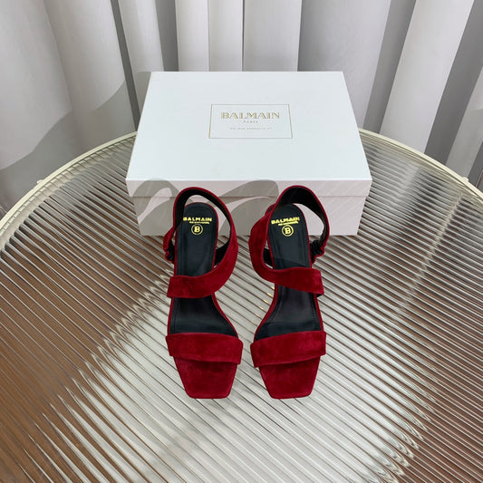 BALMAIN 25S HIGH HEEL SANDALS 95MM IN DARK CRIMSON SUEDE - 35