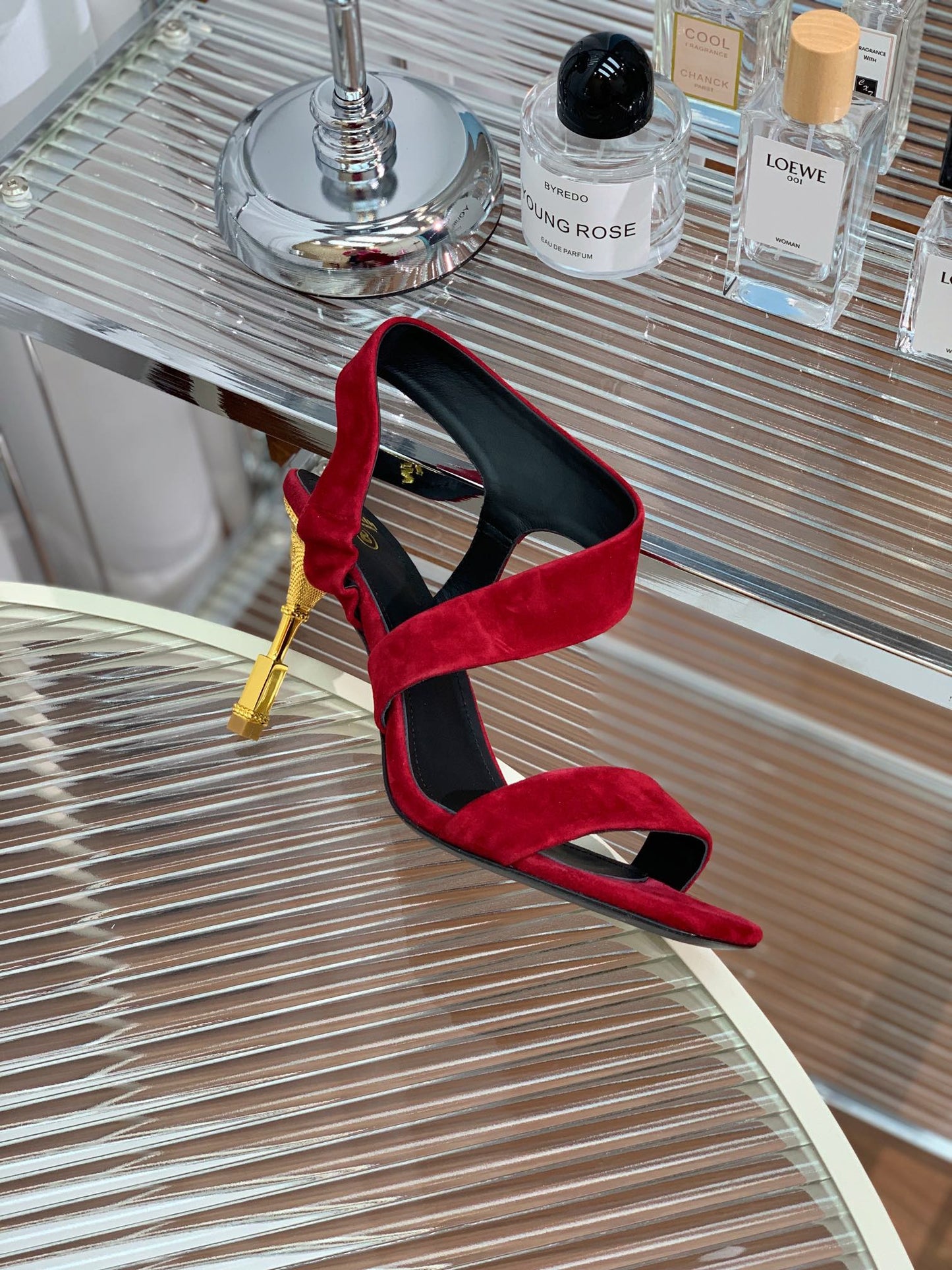 BALMAIN 25S HIGH HEEL SANDALS 95MM IN DARK CRIMSON SUEDE - 35