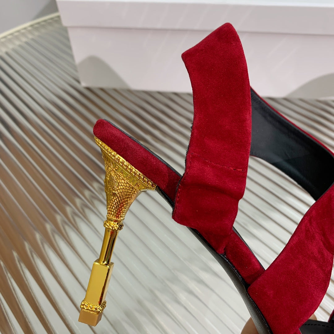 BALMAIN 25S HIGH HEEL SANDALS 95MM IN DARK CRIMSON SUEDE - 35