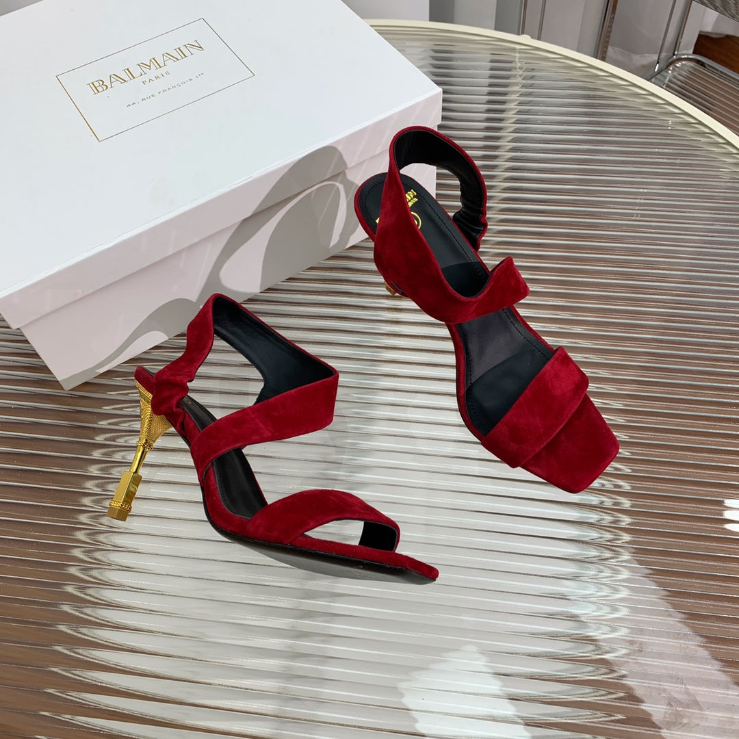 BALMAIN 25S HIGH HEEL SANDALS 95MM IN DARK CRIMSON SUEDE - 35