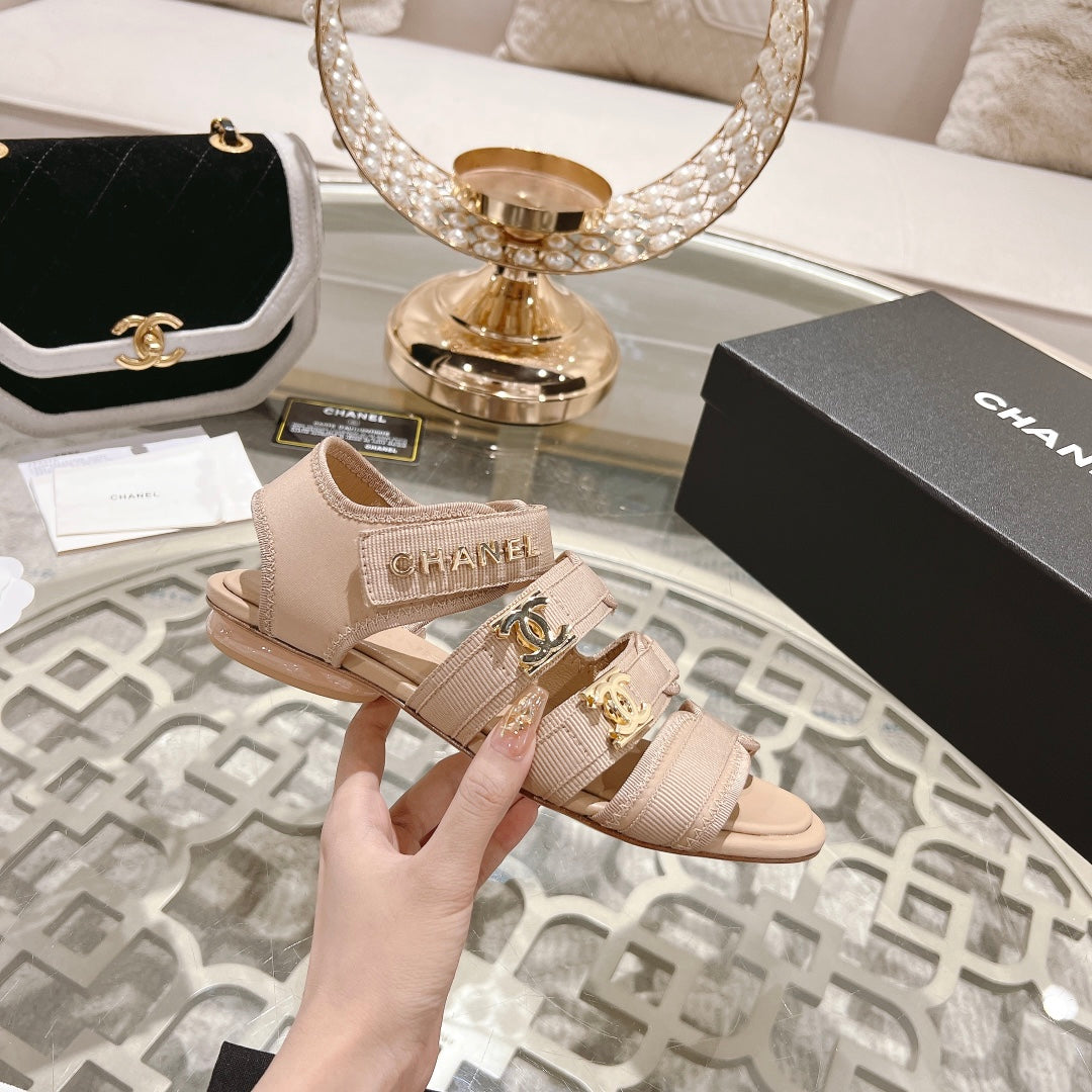 Double C  Xiaoxiang Chain Fabric Head Chunky Sandal Cream Lambskin - 35