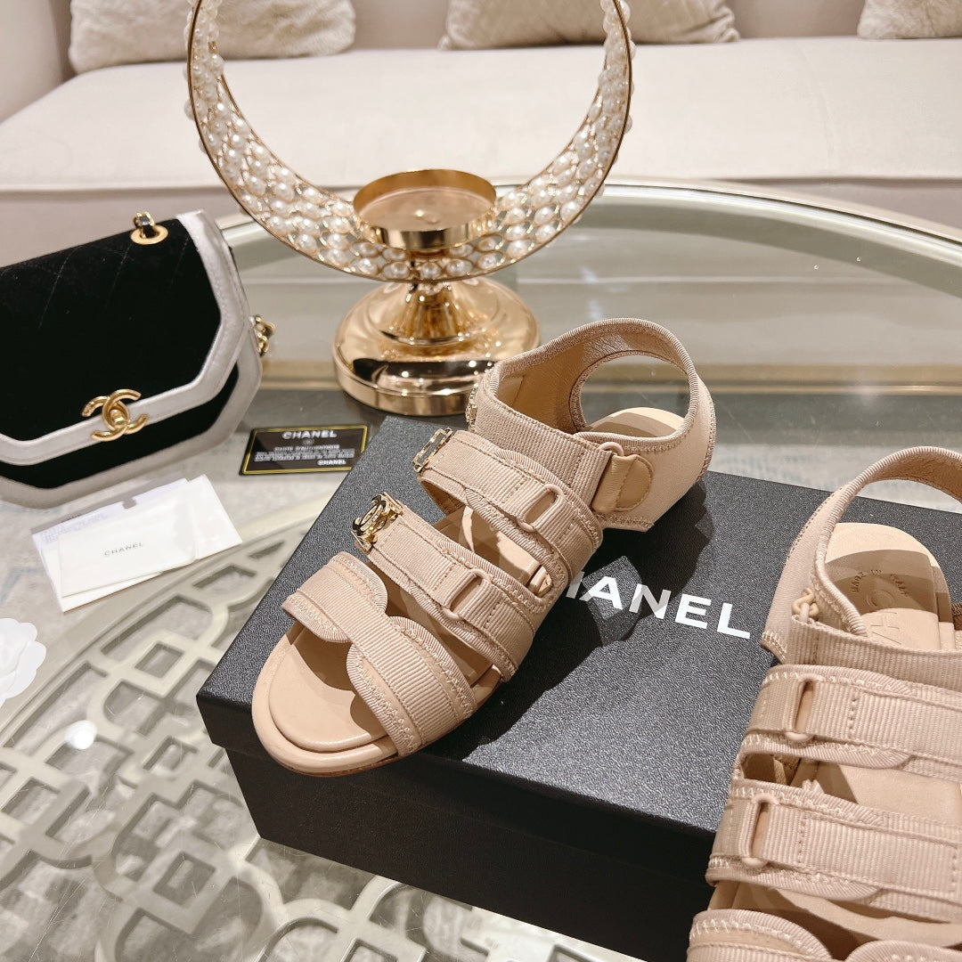 Double C  Xiaoxiang Chain Fabric Head Chunky Sandal Cream Lambskin - 35