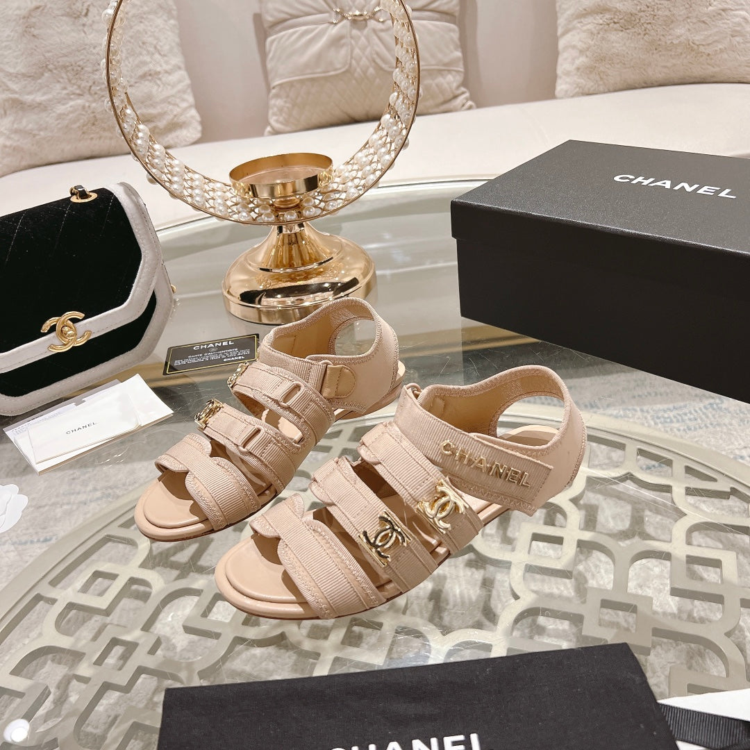 Double C  Xiaoxiang Chain Fabric Head Chunky Sandal Cream Lambskin - 35