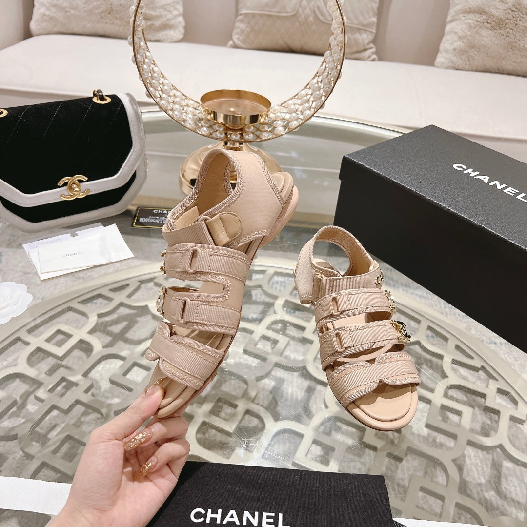 Double C  Xiaoxiang Chain Fabric Head Chunky Sandal Cream Lambskin - 35