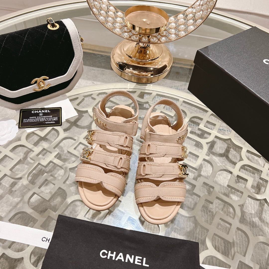 Double C  Xiaoxiang Chain Fabric Head Chunky Sandal Cream Lambskin - 35