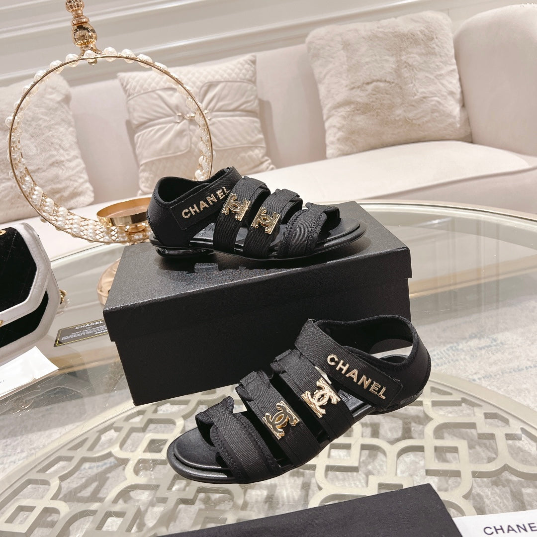 Double C  Xiaoxiang Chain Fabric Head Chunky Sandal Black Lambskin - 35
