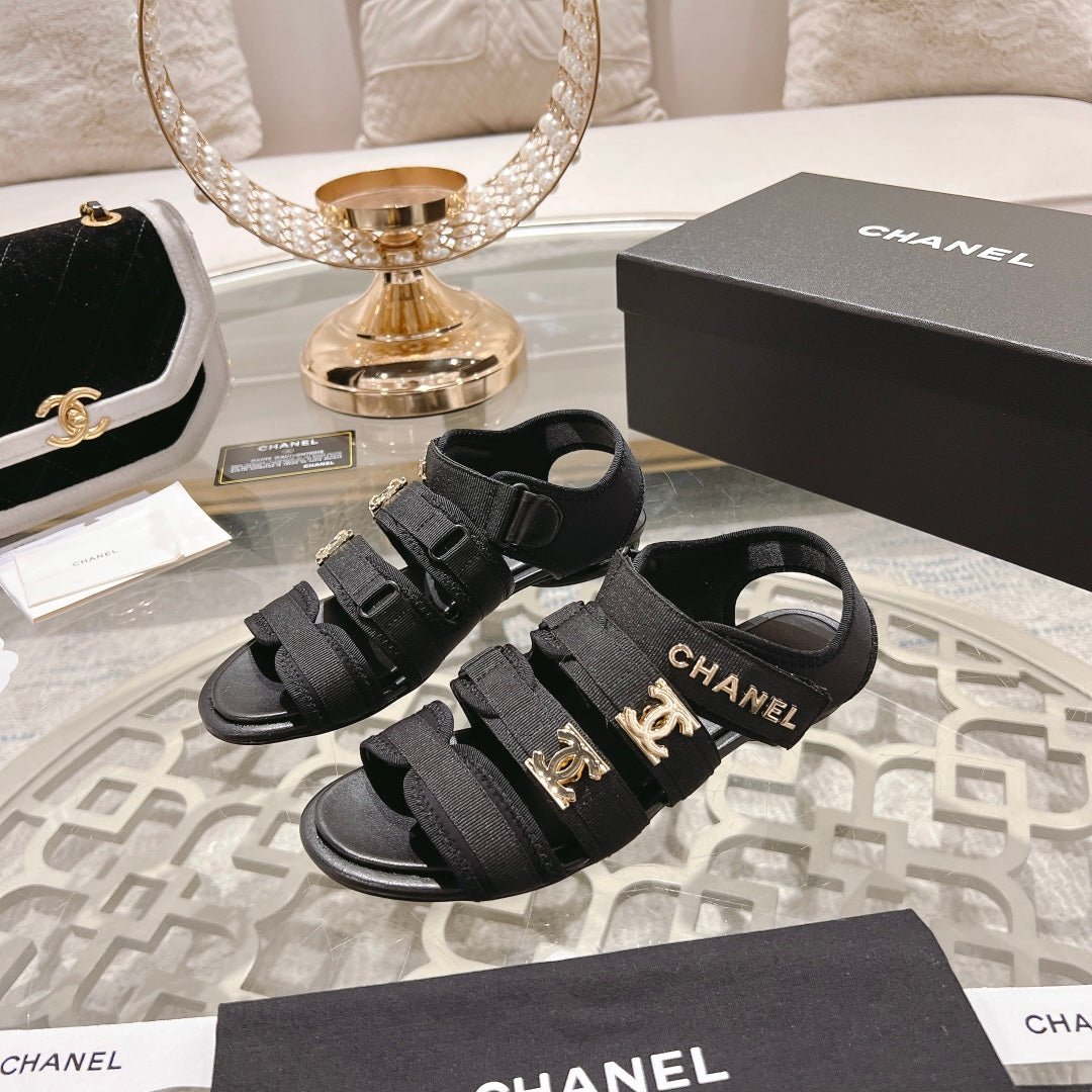 Double C  Xiaoxiang Chain Fabric Head Chunky Sandal Black Lambskin - 35