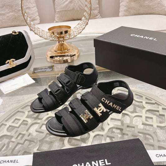 Double C  Xiaoxiang Chain Fabric Head Chunky Sandal Black Lambskin - 35