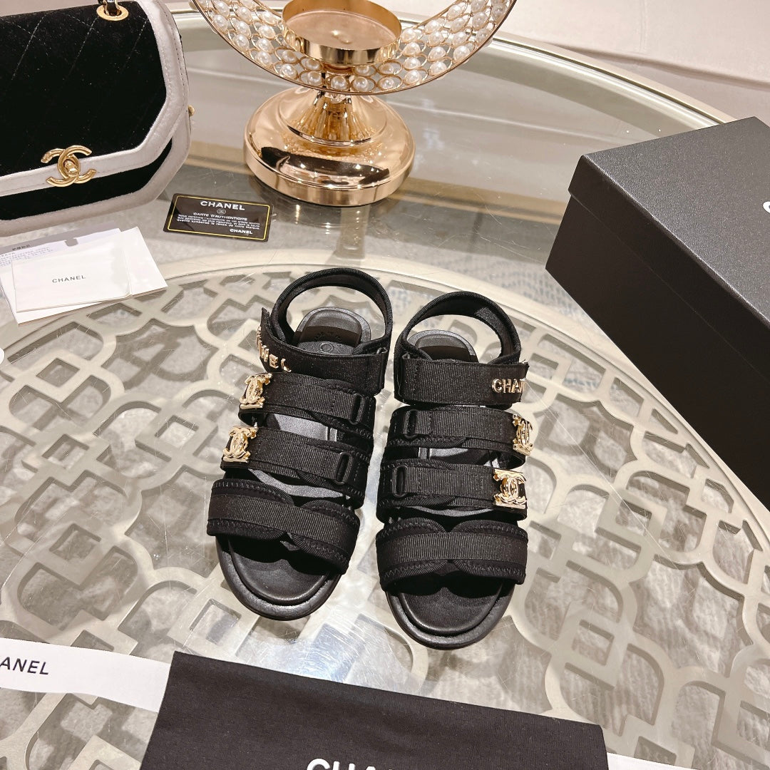 Double C  Xiaoxiang Chain Fabric Head Chunky Sandal Black Lambskin - 35