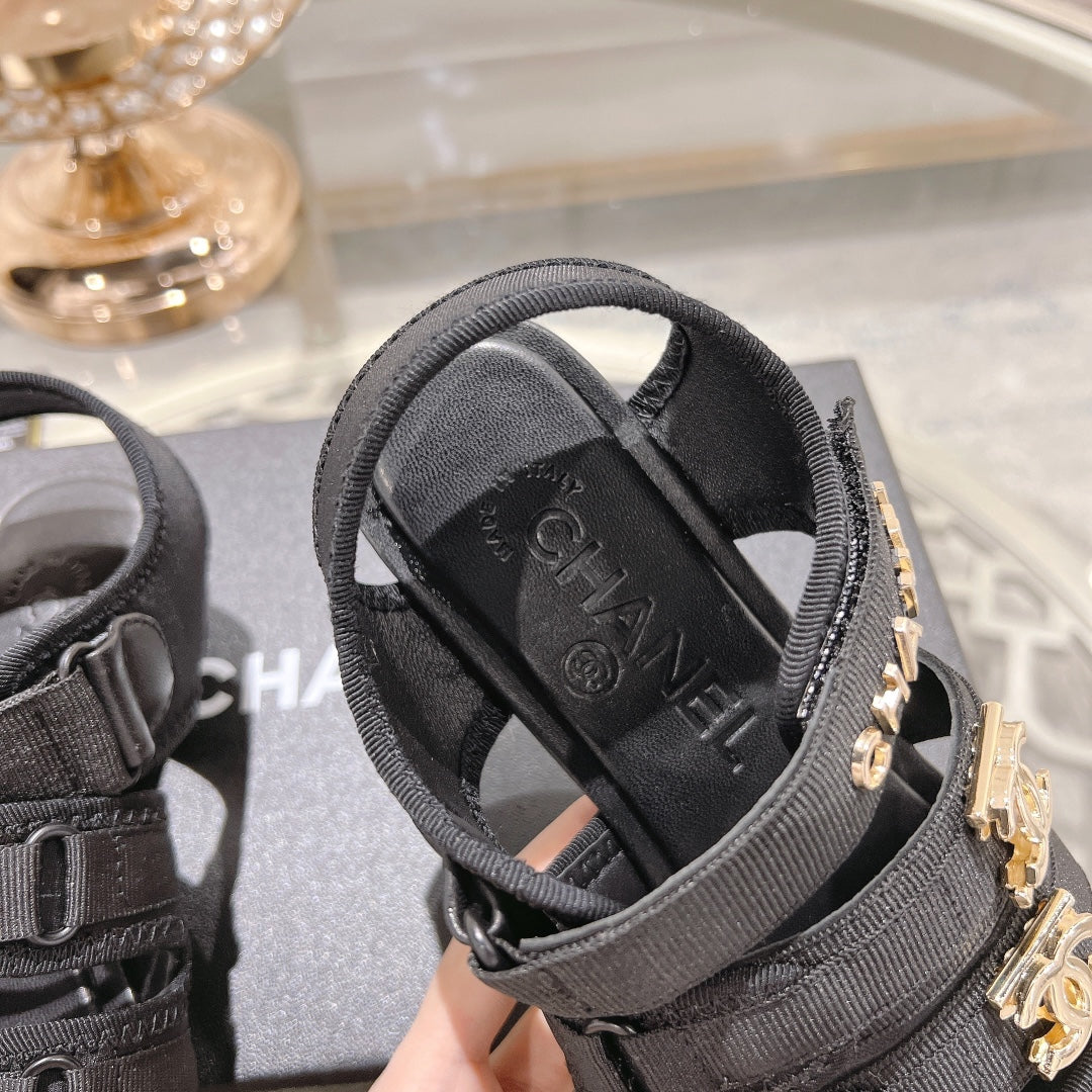 Double C  Xiaoxiang Chain Fabric Head Chunky Sandal Black Lambskin - 35