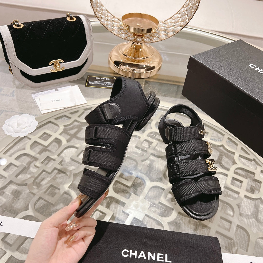 Double C  Xiaoxiang Chain Fabric Head Chunky Sandal Black Lambskin - 35