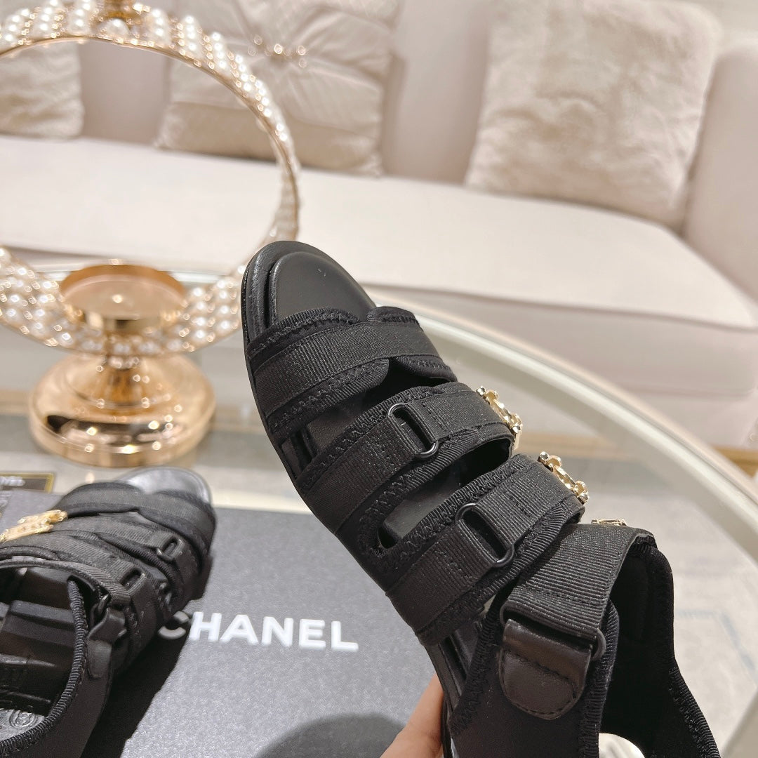 Double C  Xiaoxiang Chain Fabric Head Chunky Sandal Black Lambskin - 35