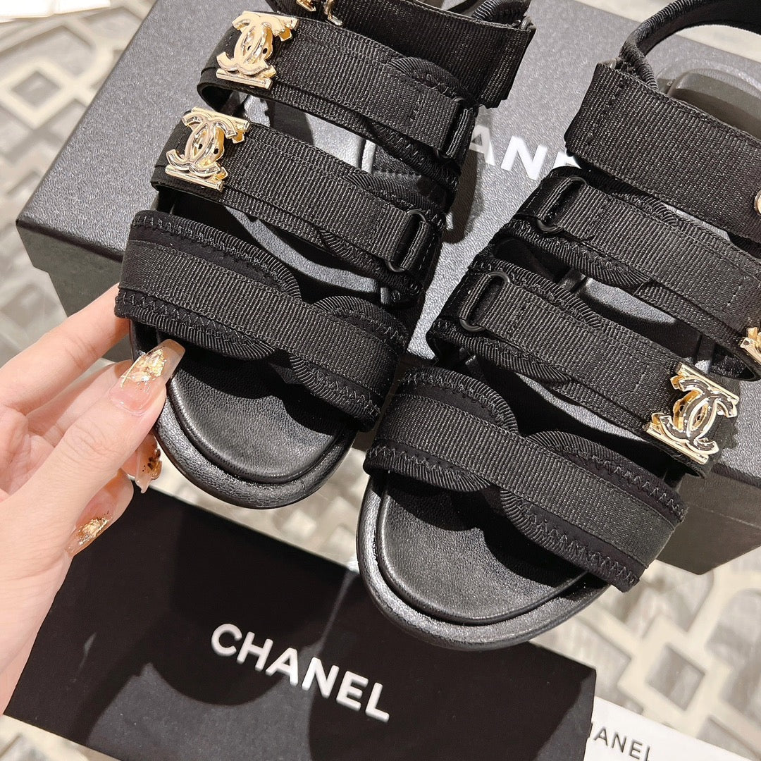 Double C  Xiaoxiang Chain Fabric Head Chunky Sandal Black Lambskin - 35