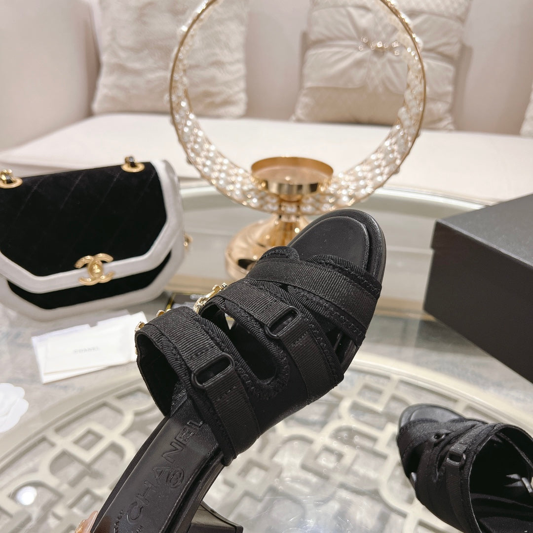 Double C  Xiaoxiang Chain Fabric Head Chunky High Heel Black Lambskin - 35