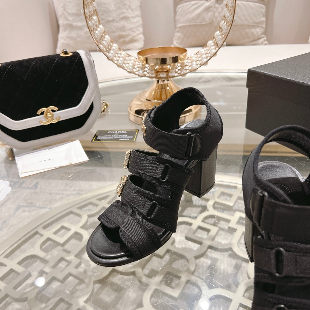 Double C  Xiaoxiang Chain Fabric Head Chunky Heel Sandals Black Lambskin - 35