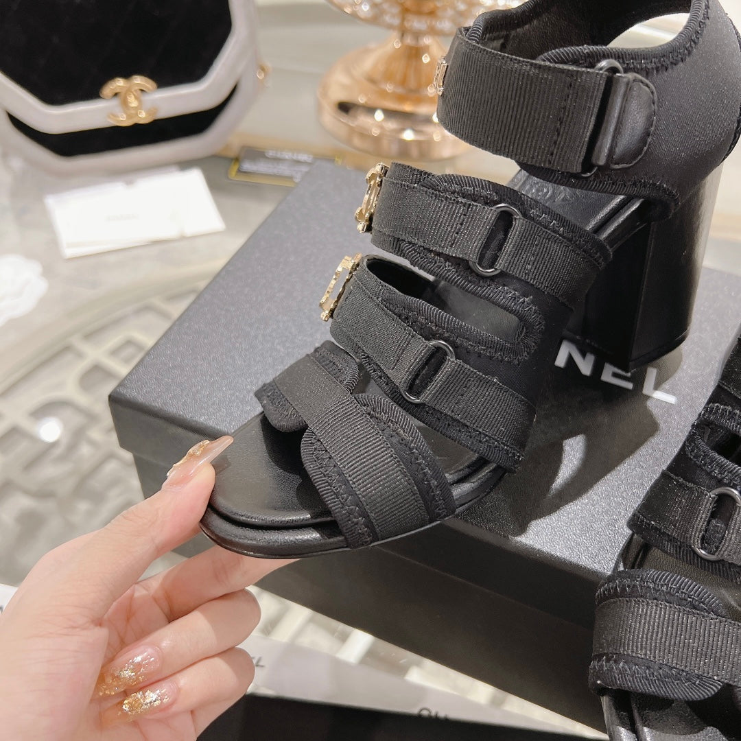Double C  Xiaoxiang Chain Fabric Head Chunky Heel Sandals Black Lambskin - 35