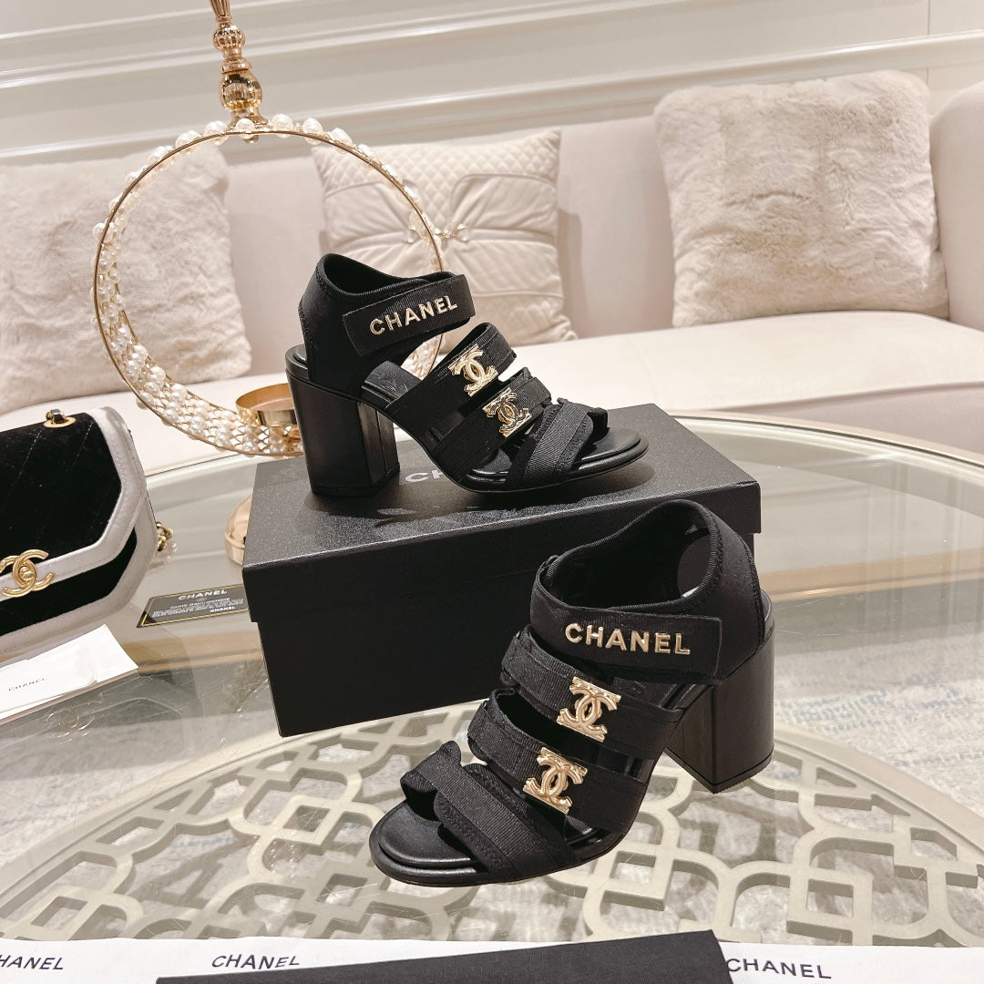 Double C  Xiaoxiang Chain Fabric Head Chunky Heel Sandals Black Lambskin - 35