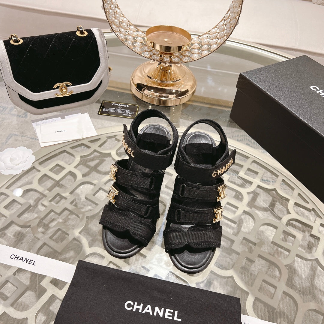 Double C  Xiaoxiang Chain Fabric Head Chunky Heel Sandals Black Lambskin - 35