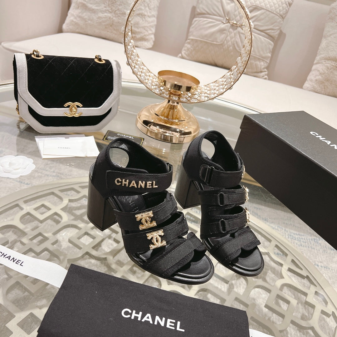 Double C  Xiaoxiang Chain Fabric Head Chunky Heel Sandals Black Lambskin - 35