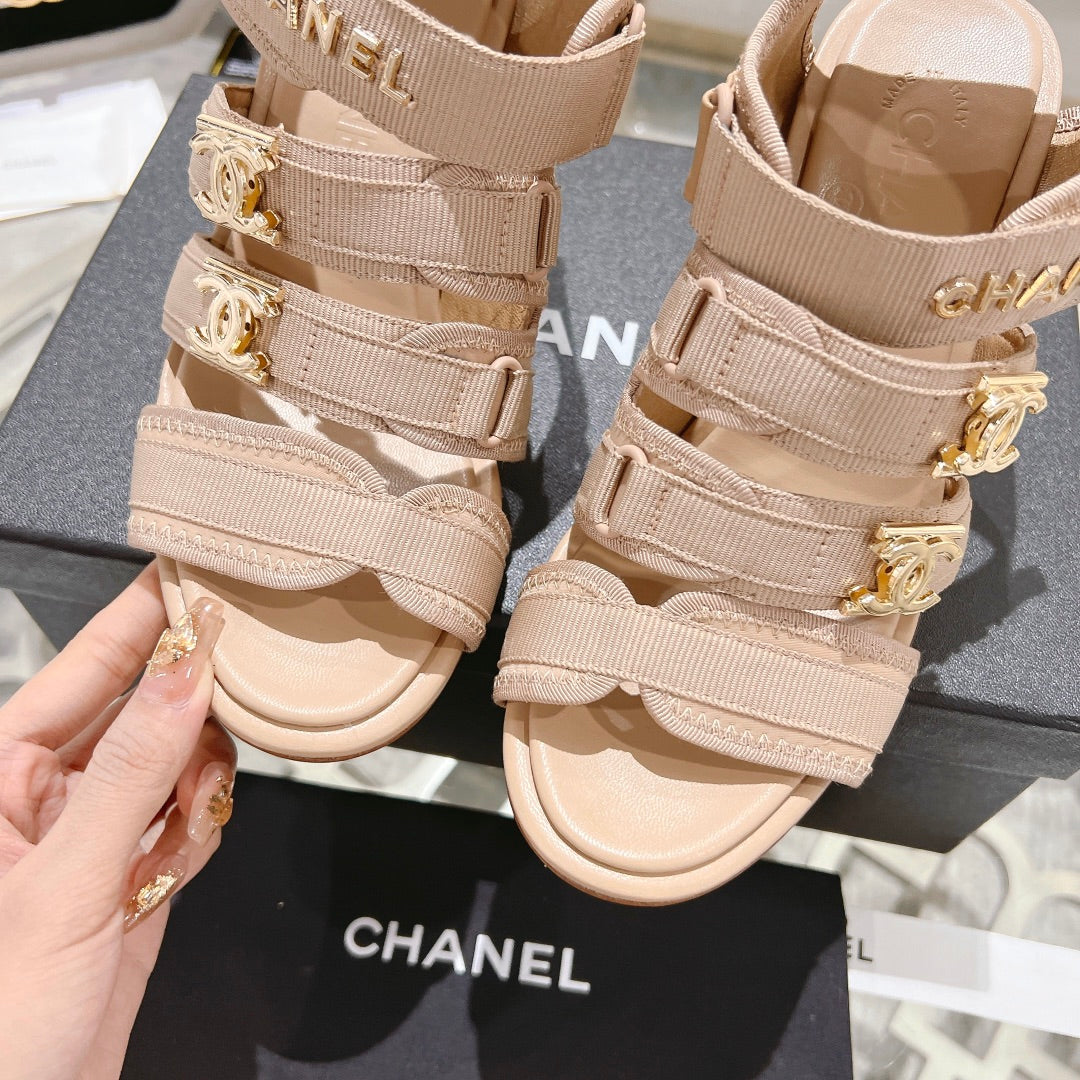 Double C  Xiaoxiang Chain Fabric Head Chunky Heel Sandals Cream Lambskin - 35
