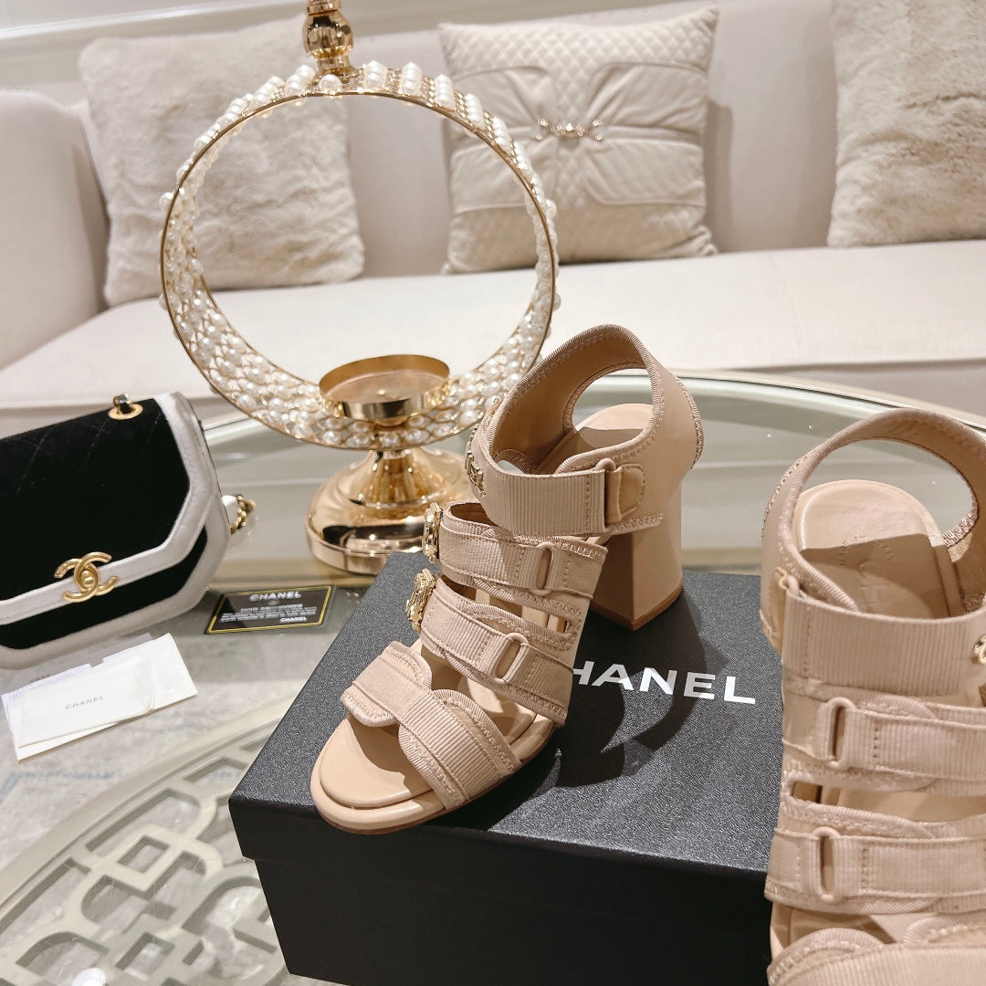 Double C  Xiaoxiang Chain Fabric Head Chunky Heel Sandals Cream Lambskin - 35