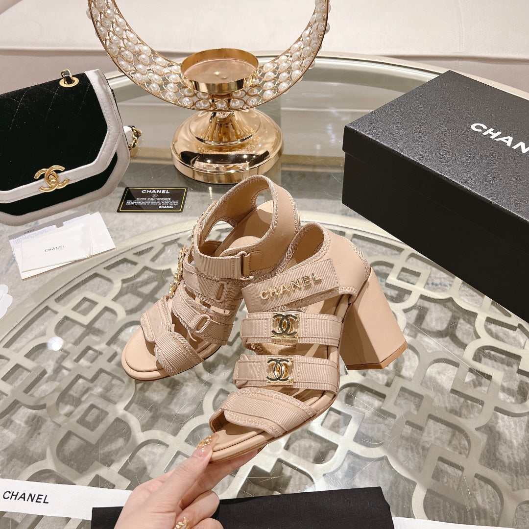Double C  Xiaoxiang Chain Fabric Head Chunky Heel Sandals Cream Lambskin - 35