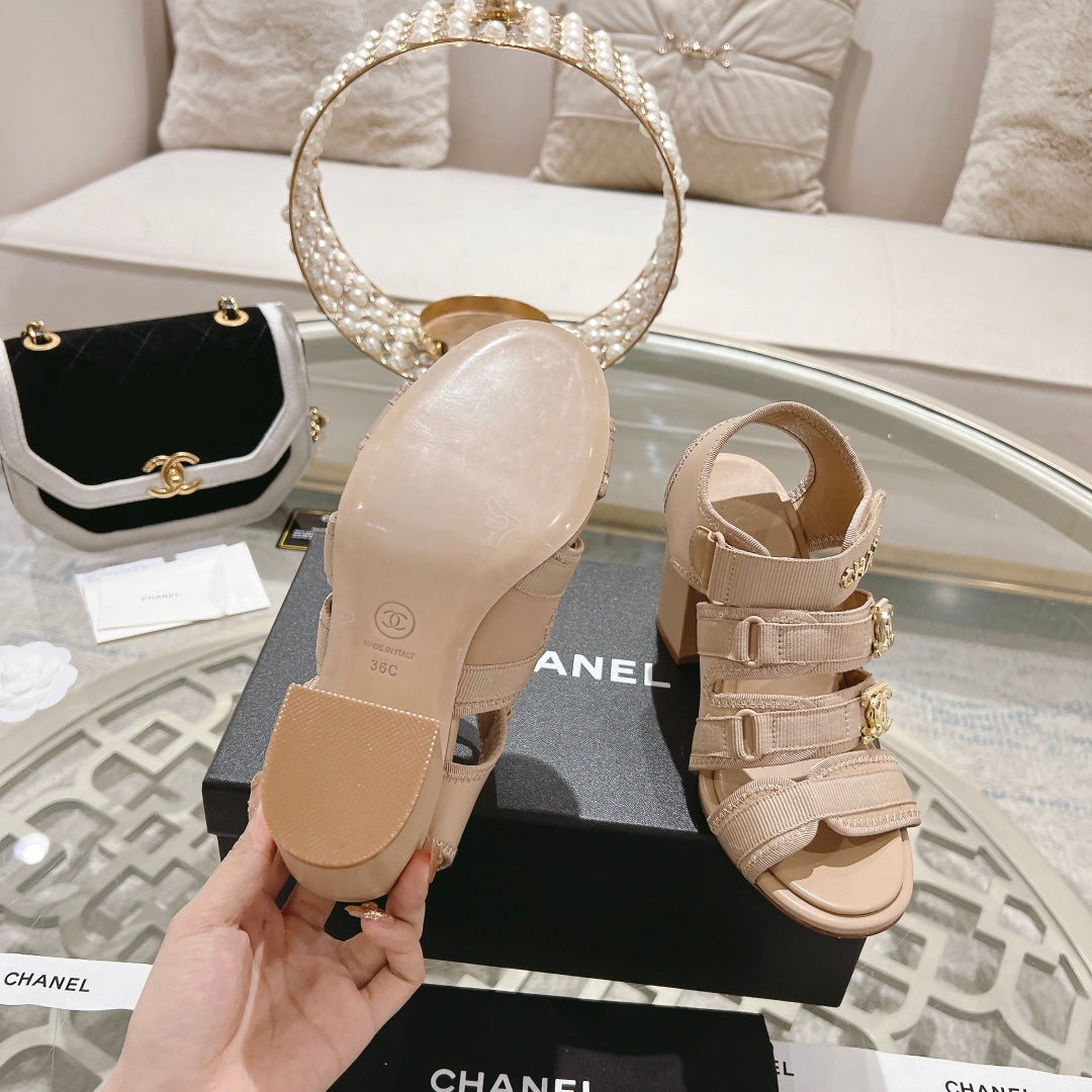 Double C  Xiaoxiang Chain Fabric Head Chunky Heel Sandals Cream Lambskin - 35