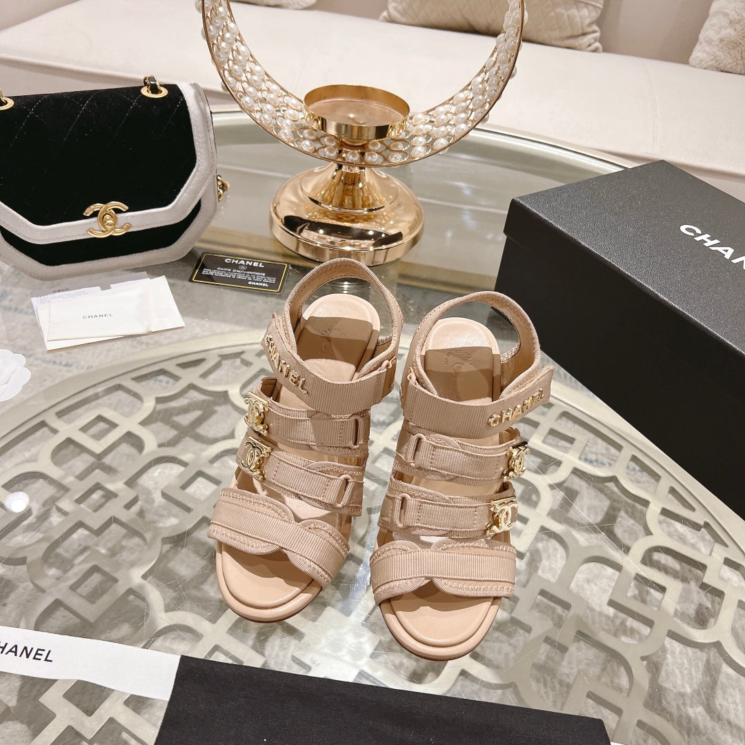 Double C  Xiaoxiang Chain Fabric Head Chunky Heel Sandals Cream Lambskin - 35