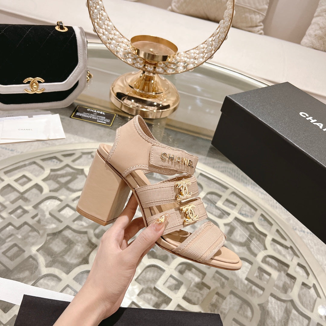 Double C  Xiaoxiang Chain Fabric Head Chunky Heel Sandals Cream Lambskin - 35